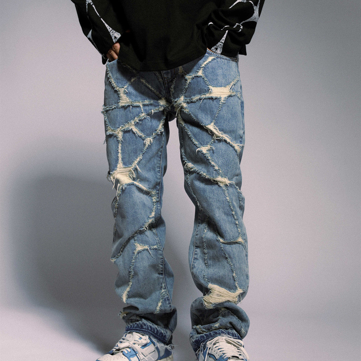 NO.3465 Destroyed Spider Web Straight Leg Jeans