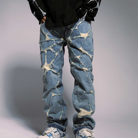 NO.3465 Destroyed Spider Web Straight Leg Jeans