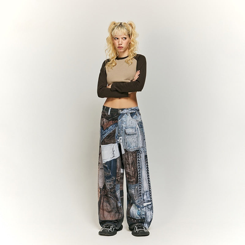 NO.7564 Patchwork Wide-Leg Denim Jeans