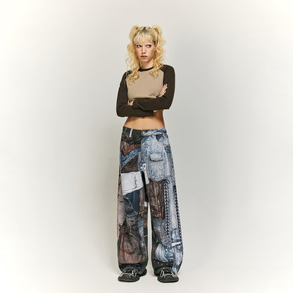 NO.7564 Patchwork Wide-Leg Denim Jeans