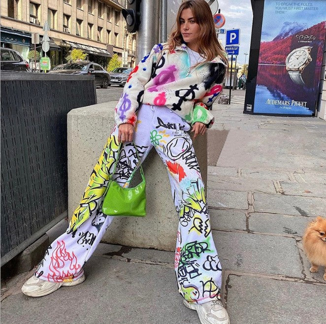 NO.6532 Graffiti Print Wide-Leg Pants