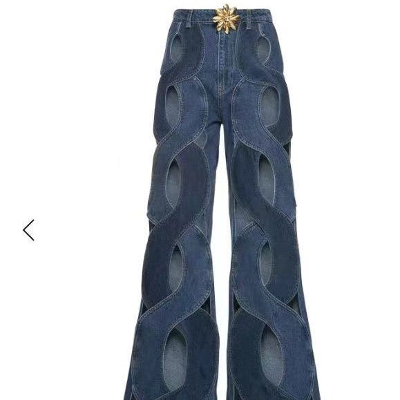 NO.2323 Cutout Hollow Out Criss Cross Straight Flare Denim Pants
