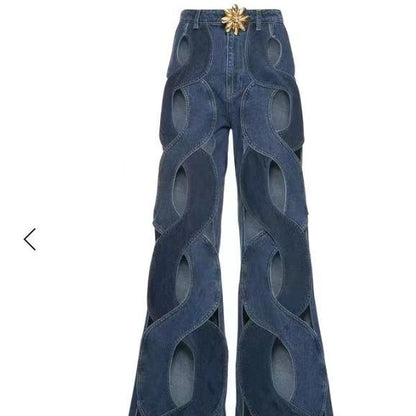 NO.2323 Cutout Hollow Out Criss Cross Straight Flare Denim Pants