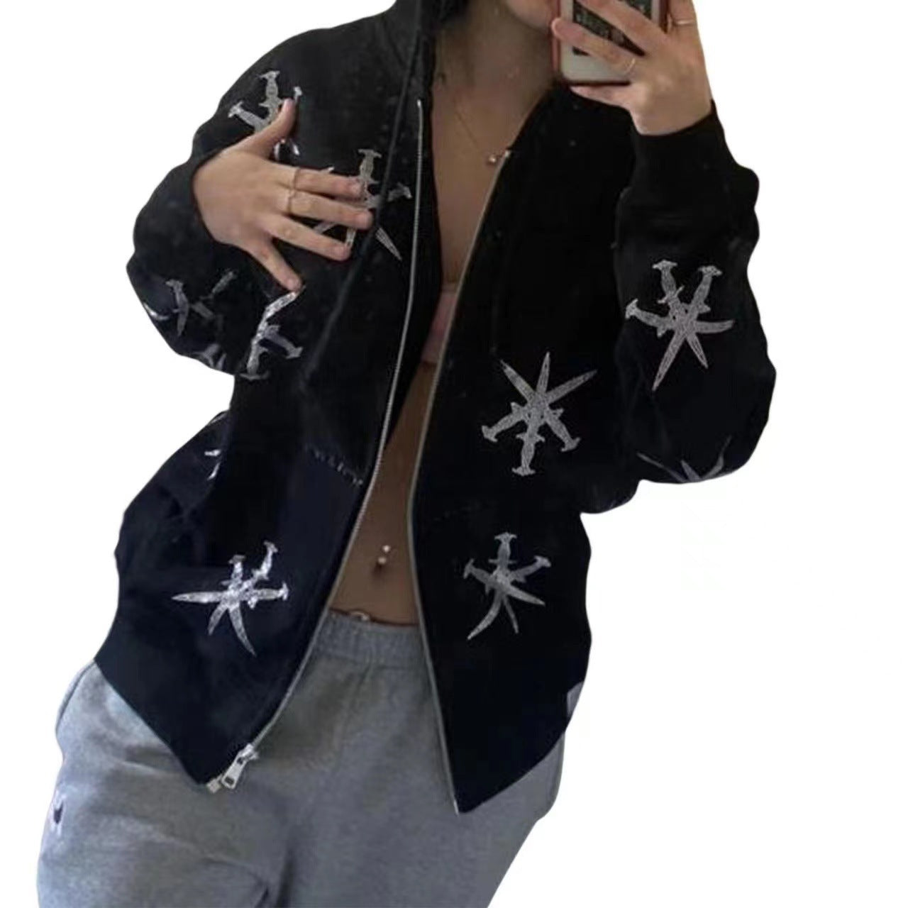 NO.3564 Star Pattern Zip-Up Hoodie