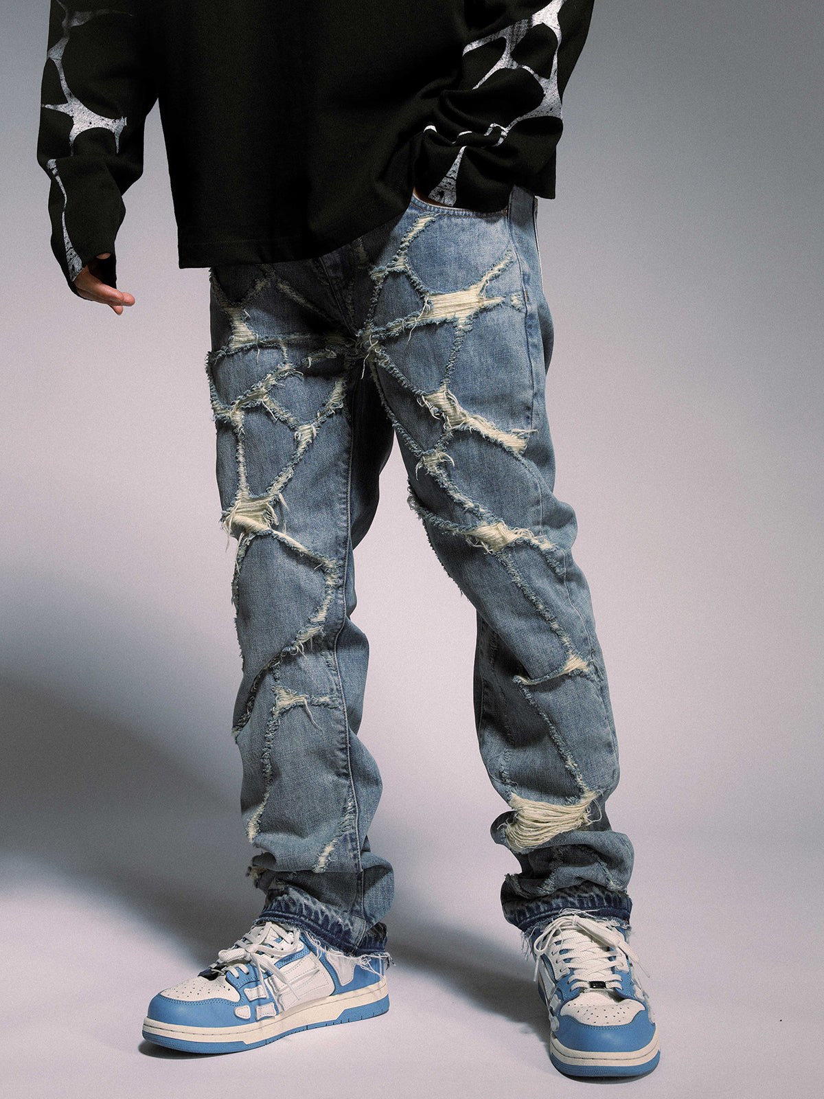 NO.3465 Destroyed Spider Web Straight Leg Jeans