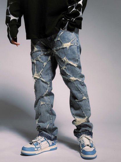 NO.3465 Destroyed Spider Web Straight Leg Jeans