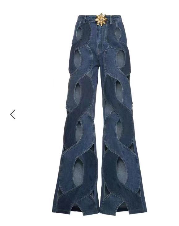 NO.2323 Cutout Hollow Out Criss Cross Straight Flare Denim Pants