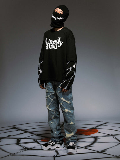 NO.3465 Destroyed Spider Web Straight Leg Jeans