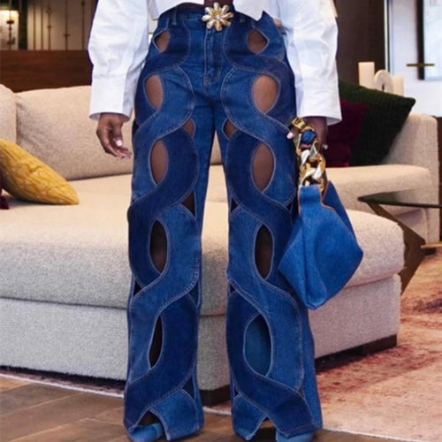 NO.2323 Cutout Hollow Out Criss Cross Straight Flare Denim Pants