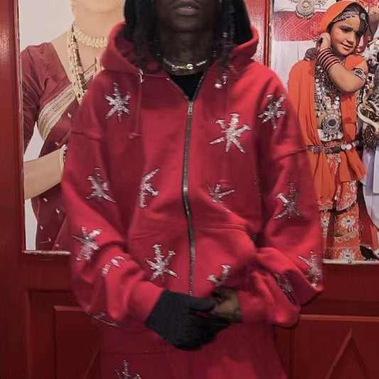NO.3564 Star Pattern Zip-Up Hoodie