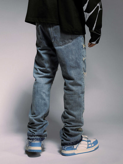 NO.3465 Destroyed Spider Web Straight Leg Jeans